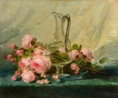 EUGENE BIDAU (1863-1909) Bouquet de roses et carafe
Huile sur toile signée en bas...