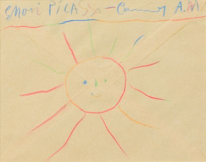 PABLO PICASSO (1881-1973) Soleil, 1957
Dessin aux crayons de couleurs au dos d'une...