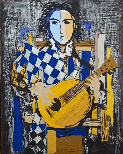 Ismaël de la SERNA (1898-1968) Harlequin musician
Gouache and collage on cardboard,...