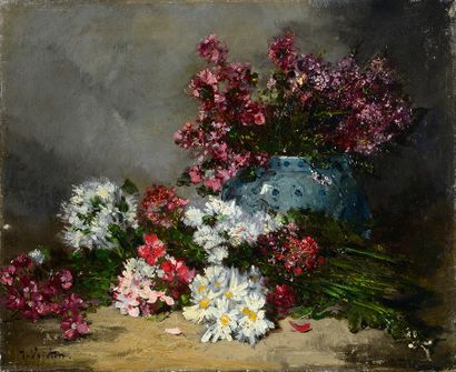 A. VEIVTON (XIXe siècle) Jetée de marguerites violettes et blanches
Huile sur toile...