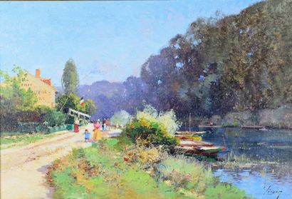 Jacques LIEVIN (1854-1941) Promenade au bord de l'eau
Huile sur toile, signée en...