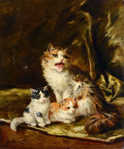 Yvonne LAUR (1879-1943) Chatte et ses chatons
Huile sur toile signée en bas à gauche
54...