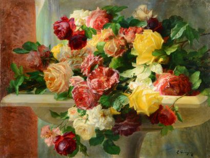 Régis BEROUJON (XIXe siècle) Jetée de roses
Huile sur toile signée en bas à droite
46...
