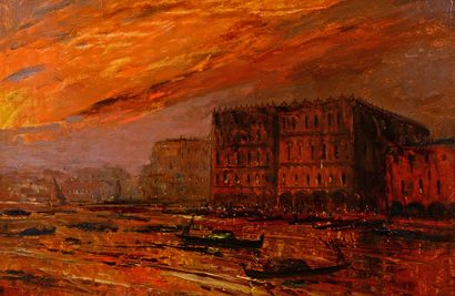 Edouard-Jacques DUFEU (1836-1900) Ciel rouge sur Venise
Huile sur papier marouflé...