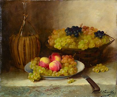 Alfred BRUNEL NEUVILLE (1852-1941) Nature morte aux pêches et raisins
Huile sur toile...
