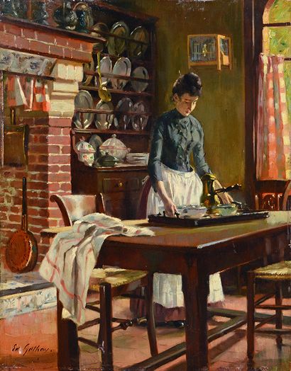 Edouard GELHAY (1856-1939) Dans la cuisine
Huile sur panneau signée en bas à gauche
41...
