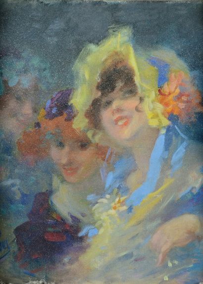 Jules CHÉRET (1836-1932) Le chapeau jaune à fleurs
Huile sur toile, signée en bas...