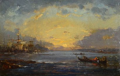 Attribuée à Henri DUVIEUX (1855-1902) Dusk in the Bosphorus
Oil on parquet panel,...