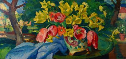 Charles KVAPIL (1884-1957) Tulipes et jonquilles, 1937
Huile sur carton, signée en...