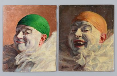 Armand HENRION (1875-1958) Autoportrait hilare
Autoportrait au bonnet vert
Paire...