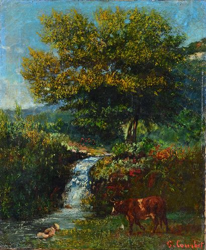 ÉCOLE du XIXe siècle, dans le goût de Gustave COURBET Vache allant à la cascade
Huile...