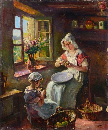 Max SILBERT Femme et fillette à la cuisine
Huile sur toile signée en bas à droite
46...