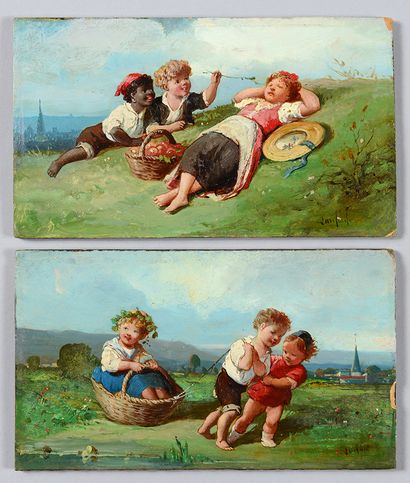François-Louis LANFANT de METZ (1814-1892) Jeux d'enfants
Paire d'huiles sur carton...