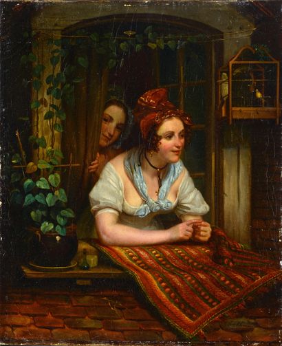 Jean-Antoine BERTHIER (XIXe siècle) Deux femmes à la fenêtre
Huile sur toile signée...