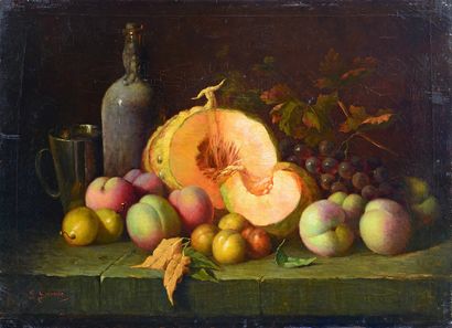 E. GENESTE (XIXe siècle) Natures mortes aux melons et ananas
Paire d'huiles sur toile...