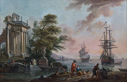 Jean-Baptiste LALLEMAND (Dijon 1716 - Paris 1803) 
Port méditerranéen au soleil couchant



Toile.



50,5...