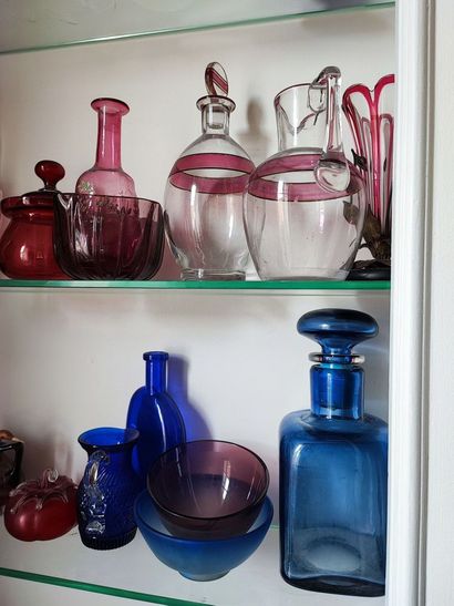 null Lot of colored glassware including vases, covered pots, candy boxes,