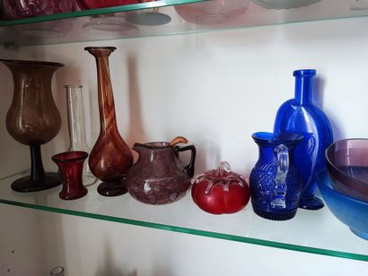 null Lot of colored glassware including vases, covered pots, candy boxes,