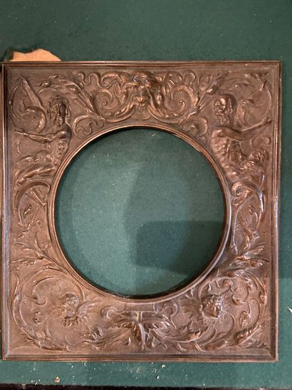 null Square frame with round view in gilded bronze decorated with mascarons and satyrs,...