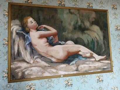 F. OMER. Reclining Nude. Oil on fabric dated...