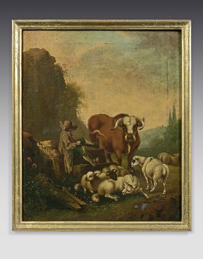 null École ITALIENNE vers 1750Berger et son troupeau se reposant. Berger et son chien....