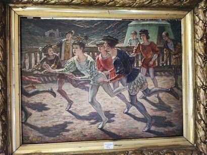 Troubadour race. Oil on panel with signature...