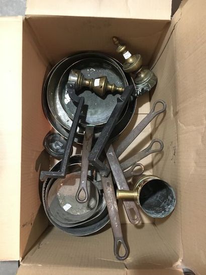 null Lot including pair of andirons, copper pots, copper pot, scales, shovels and...