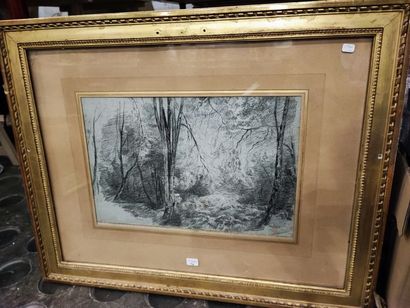 null Paul HUET. Under wood. Drawing in black pencil. Size: 30 x 42 cm. In a louis...