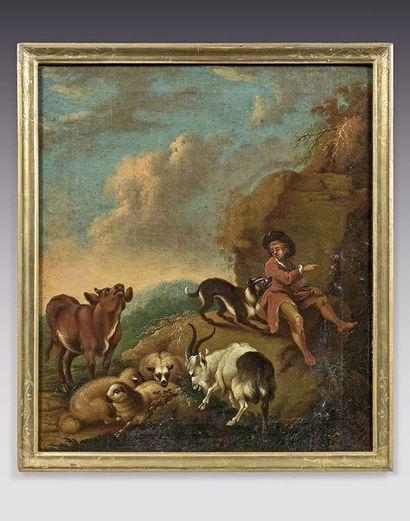 null École ITALIENNE vers 1750Berger et son troupeau se reposant. Berger et son chien....