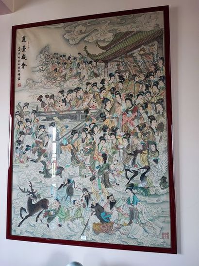 null China. Painted silk with palace scenes, deities and animals. Modern work. Size:...