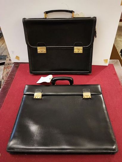 null Lot of two black box leather briefcases with gold metal trimmings, handle, one...