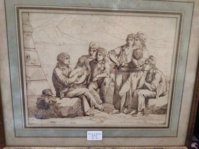 null Italian school. Group of fisherman. Sepia ink with the signature Rinald at the...
