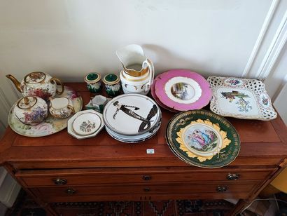 null 
Lot of polychrome porcelain including plates, display stand, tea set, mustard...