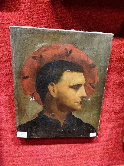 Oil on canvas portrait of man with red c...