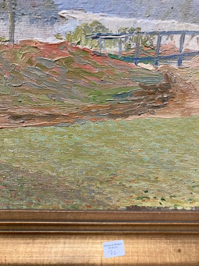 null Edouard FEBVRE (1885-1967), Paysage au pont, huile sur toile, trous et manques...