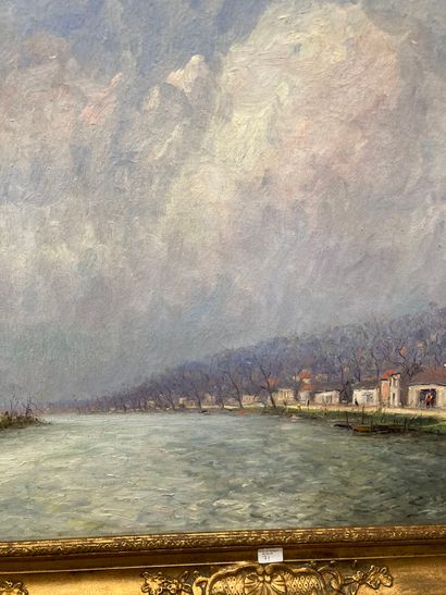 null Edouard FEBVRE (1885-1967), Village au bord du fleuve, 1927, huile sur toile,...