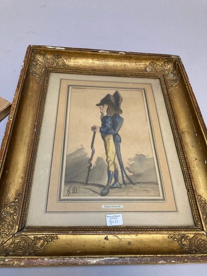 null Lot de deux encadrés : Homme sur un char et Caricature dans le goût de Daumier

A...