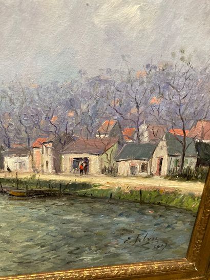 null Edouard FEBVRE (1885-1967), Village au bord du fleuve, 1927, huile sur toile,...
