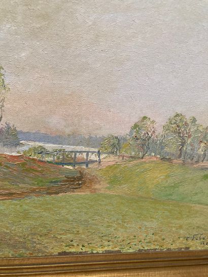null Edouard FEBVRE (1885-1967), Paysage au pont, huile sur toile, trous et manques...