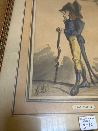 null Lot de deux encadrés : Homme sur un char et Caricature dans le goût de Daumier

A...
