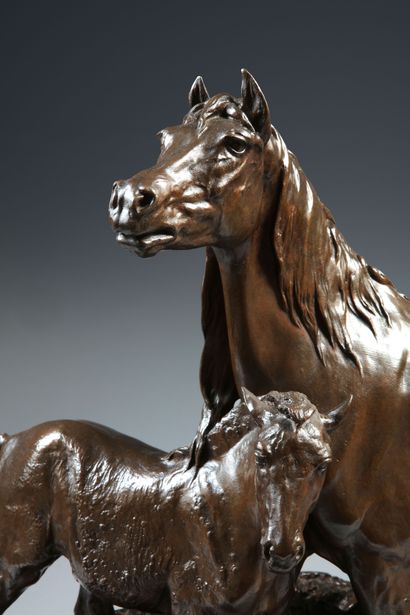null Pierre Jules MENE (1810-1879). Norman mare and her foal. Bronze with brown patina...