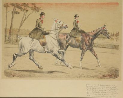 null Paul MAGNE de LA CROIX. The Amazons. Engraving with colored highlights signed...
