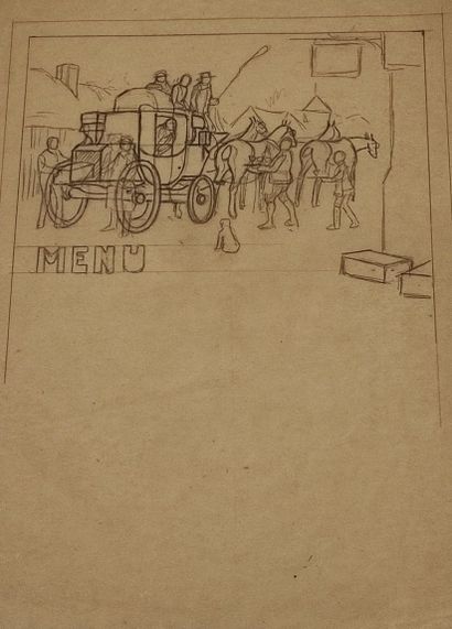 null Harry ELIOTT (1882-1959). L'arrivée de la diligence. Projet de menu sur calque....