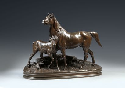 null Pierre Jules MENE (1810-1879). Norman mare and her foal. Bronze with brown patina...