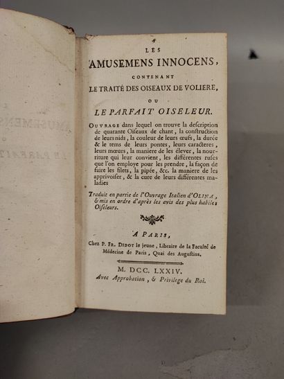 null OLINA. Les amusements innocens, contenant le Traité des oiseaux de volière,...