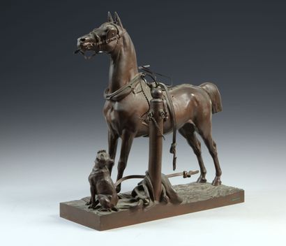 null Arthur Conrad Le DUC (1892-?). Cheval harnaché et bouledogue. Bronze à patine...