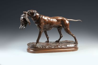 null Jules MOIGNIEZ (1835-1894). Braque and partridge. Bronze with brown patina....