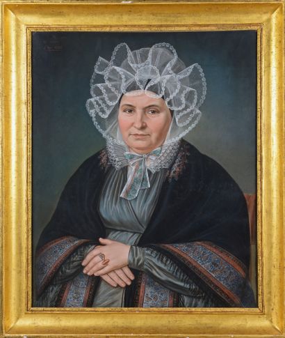 Cathelin Maurice MOUTON (1769 - Châlons-sur-Marne 1850) Portrait de femme à la coiffe...