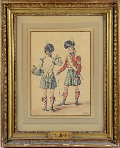 Carle VERNET (Bordeaux 1758 - Paris 1836) Deux soldats écossais
Plume et encre noire...