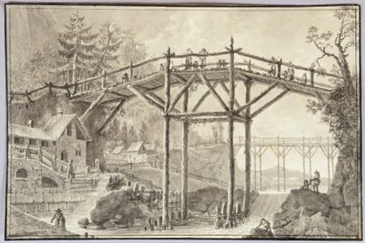 Ignace Eugène Marie DEGOTTI ( ?-Paris 1824) Pont en bois sur un torrent de montagne...